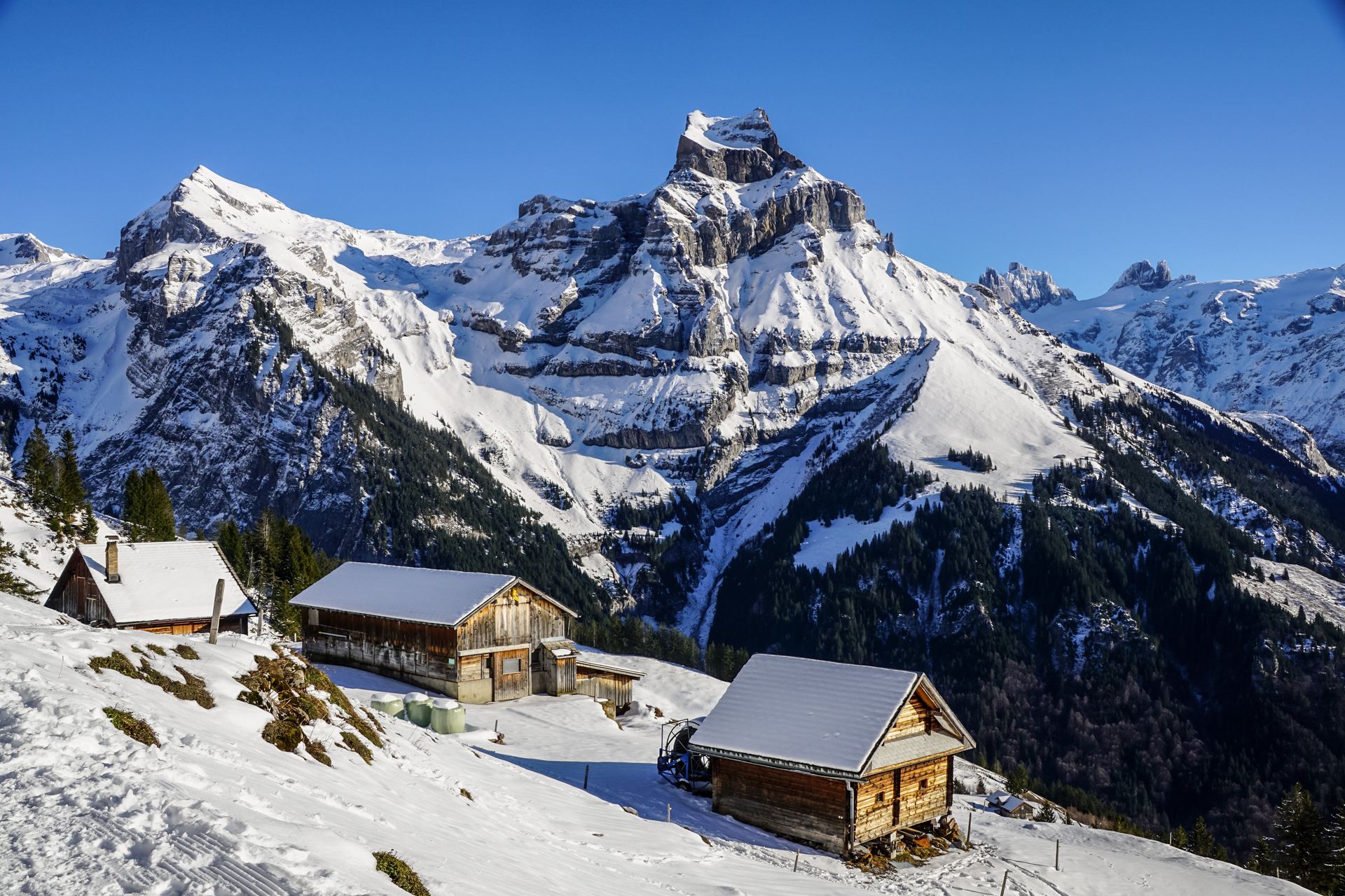 landscape winter alps mountain snow cabinet white sky blue