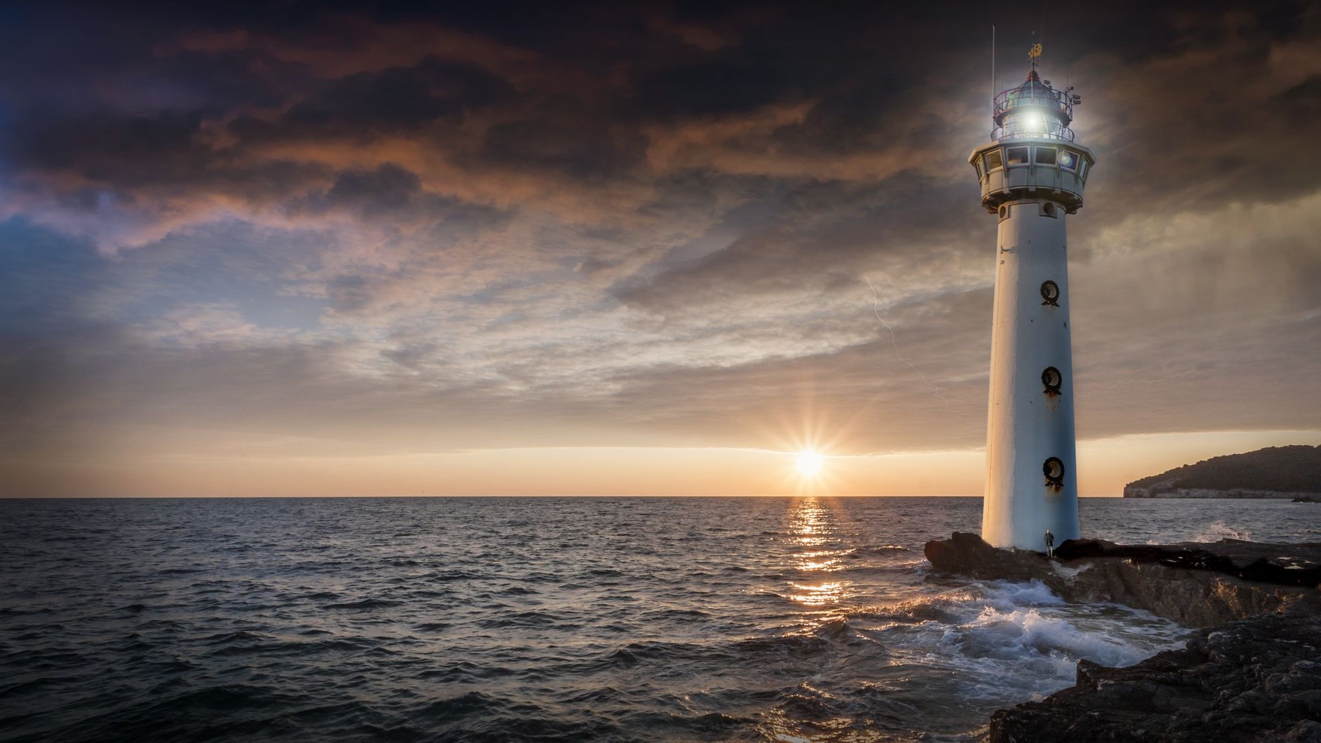 lighthouse clouds sea dark