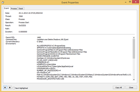 CryptoWall 4.0: vssadmin.exe - Click to Enlarge