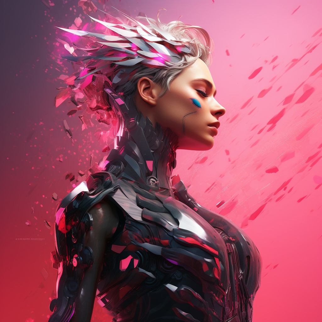 A female cyborg with pink hair