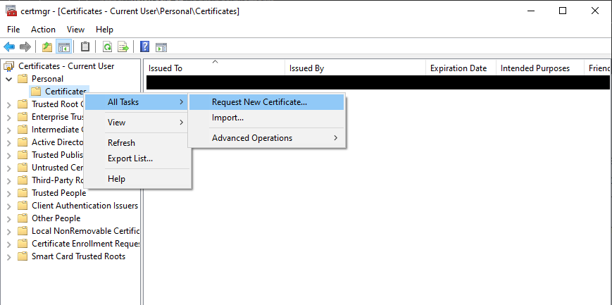 Request a new certificate for the current User