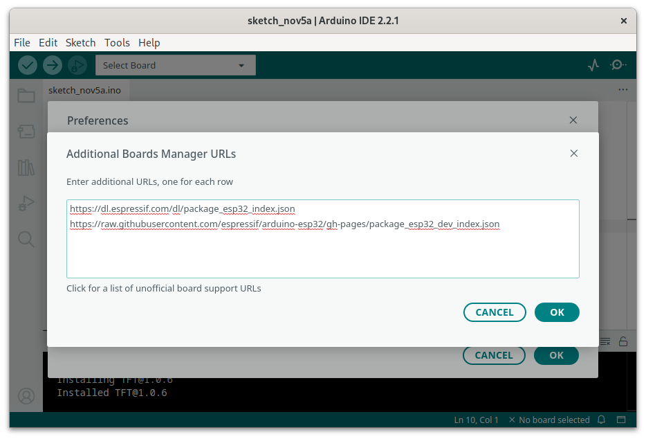 Arduino IDE with additional board manager URLs