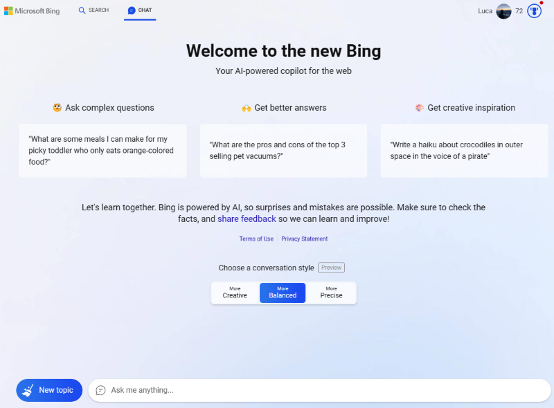 Interface Bing Chat