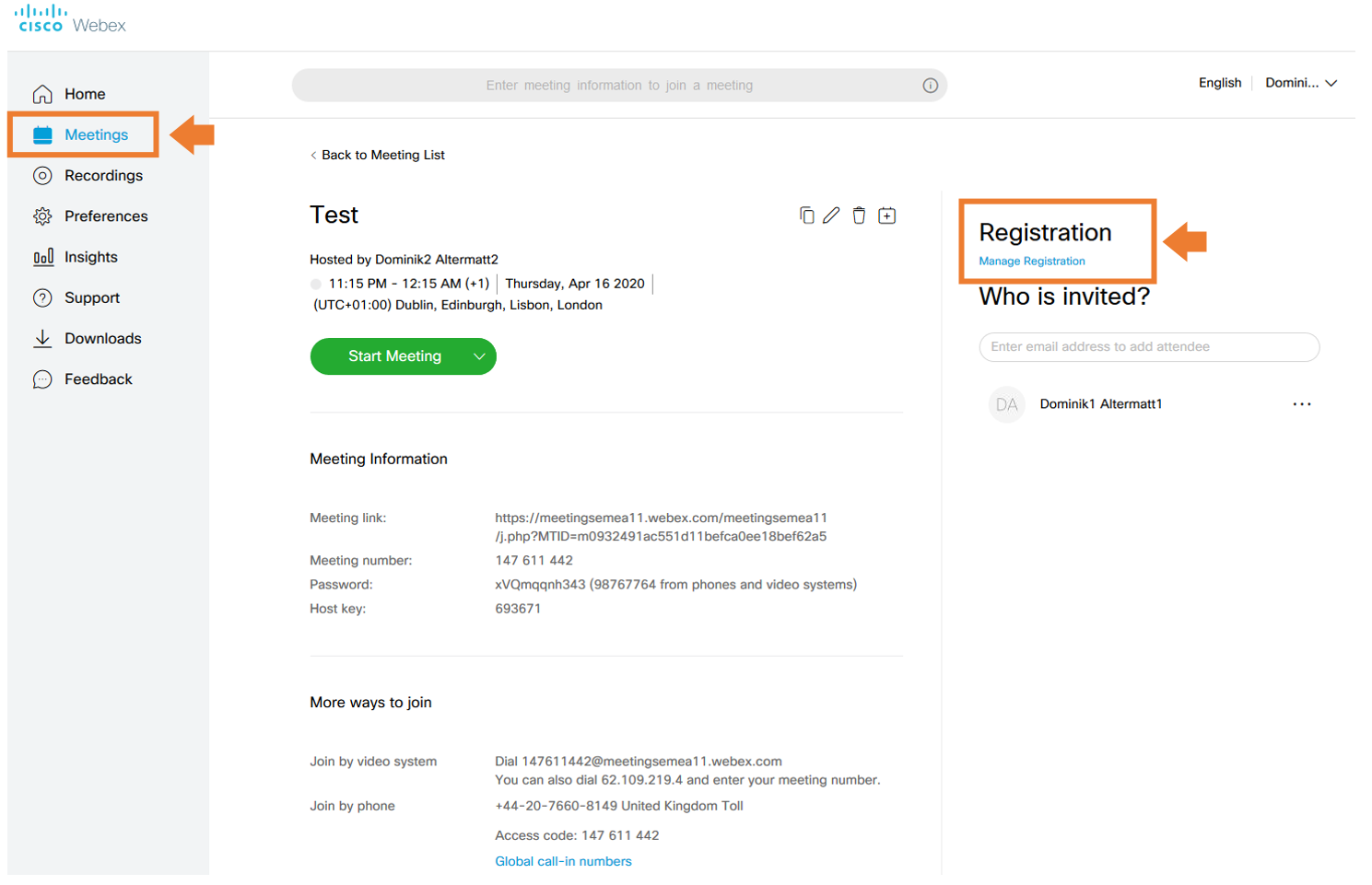 Manage registration of a scheduled meeting