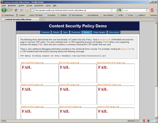 Firefox 3.5 versagt beim CSP Test