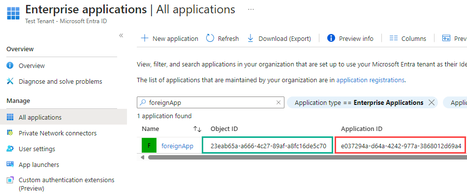 Service Principal for the foreignapp application was created