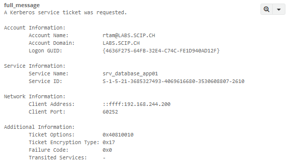Detailansicht eines Kerberos-Service-Ticket-Events