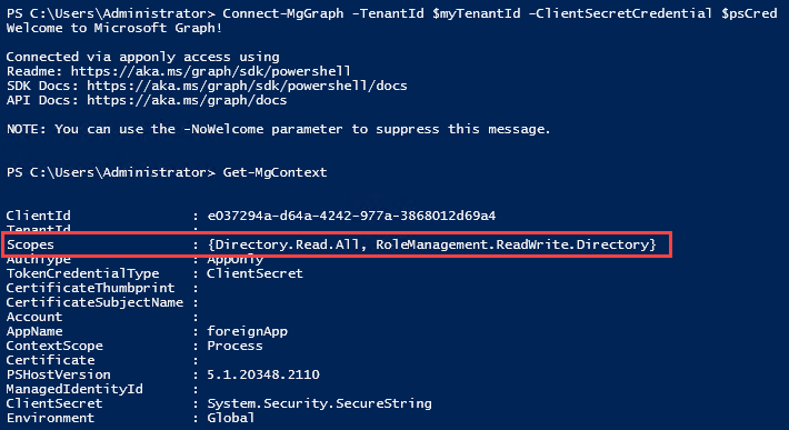 Successful login with the credentials from the foreigntenant to the mytenant with the service principal