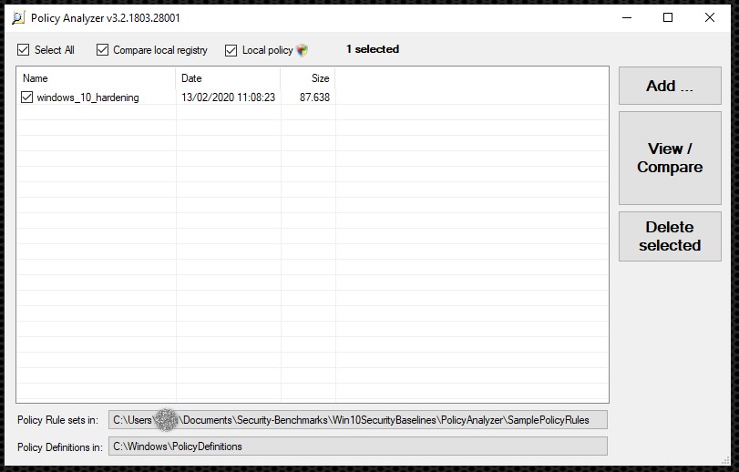 Windows security baseline GPOs compared with the local system