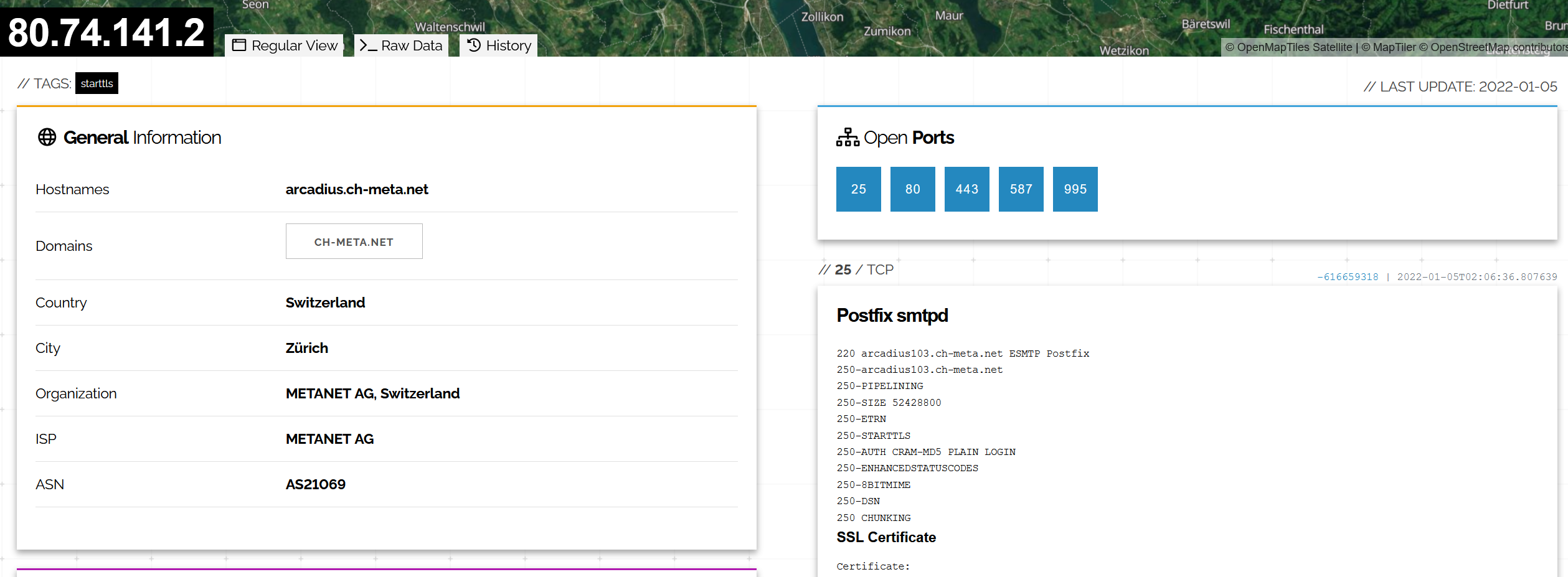 Excerpt of the Shodan results for the server behind scip.ch