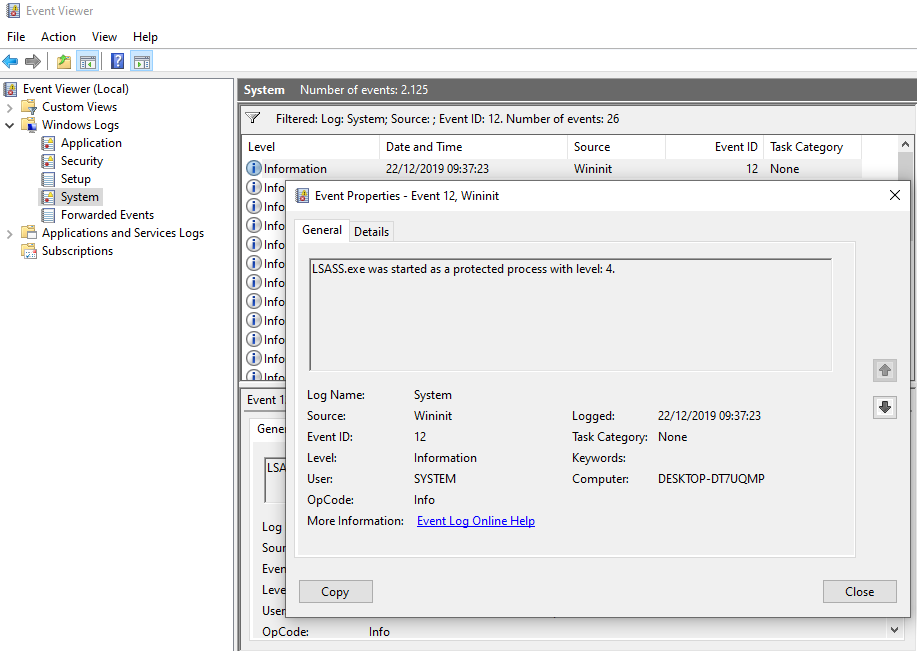 Windows shows ID 12 in the event log