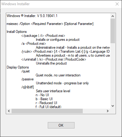 Windows Installer Optionen