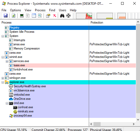 Process Explorer no longer shows a PPL flag for LSASS