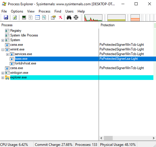 The protected LSASS in the Process Explorer