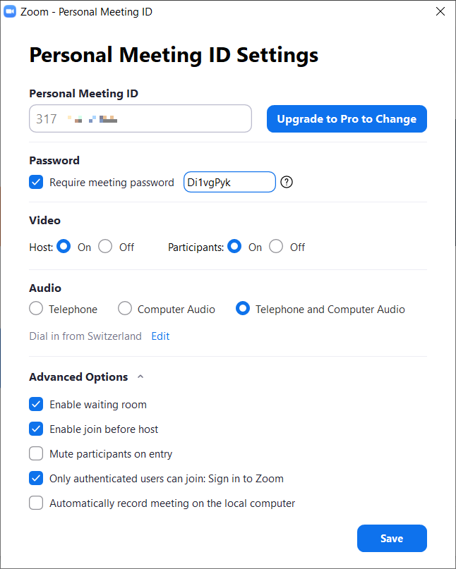 Configuration of Personal Meeting ID